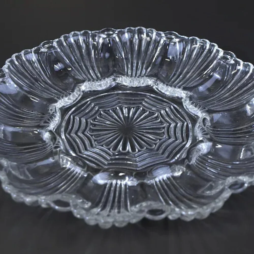Clear Glass Deviled Egg Serving Tray Platter Anchor Hocking 896 Art Deco Vintage